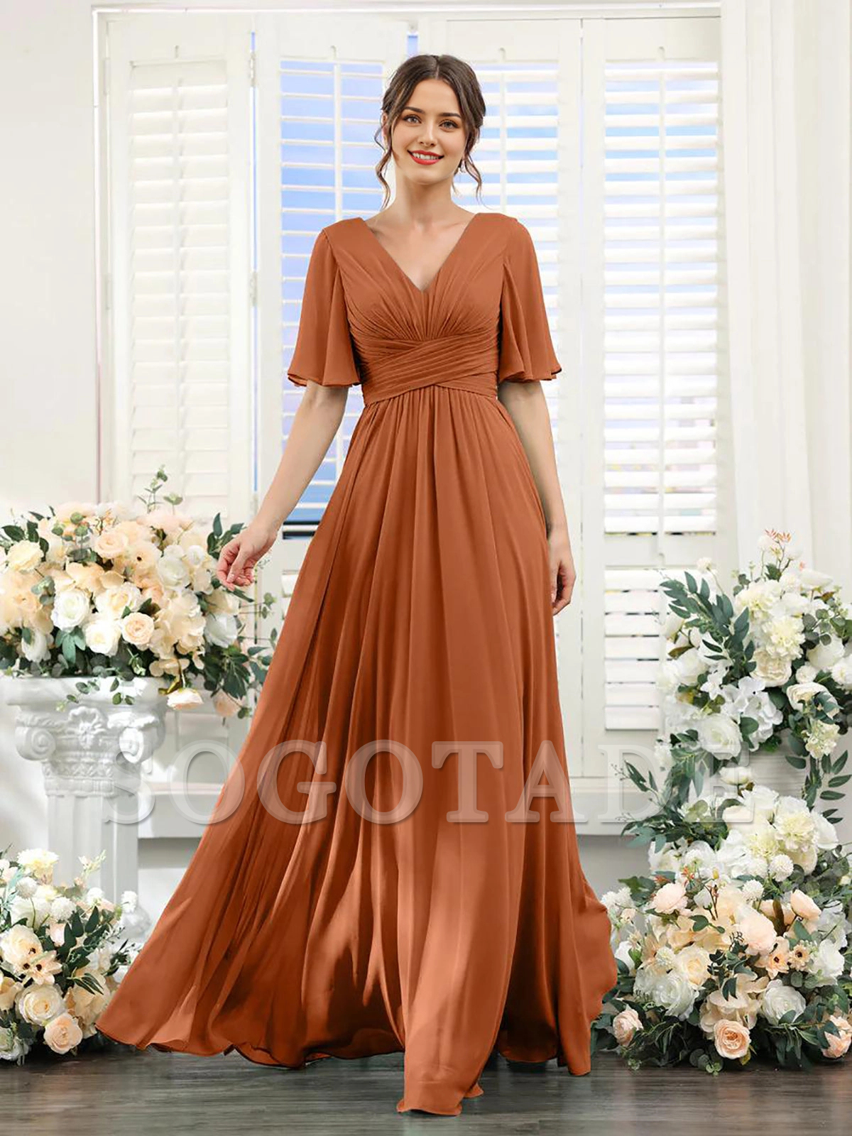 A-shaped V-shaped leader bridesmaid dress, suitable for wedding guests, long chiffon formal slit party dress