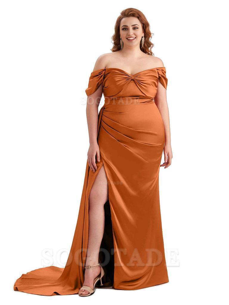  Sexy Side Slit Off The Shoulder Mermaid Soft Satin Long Plus Size Bridesmaid Dress For Wedding