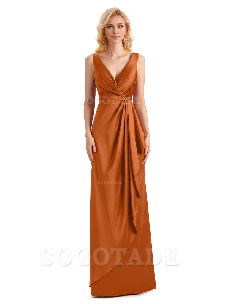 V Neck Elegant Soft Satin Formal Long Maid Bridesmaid Dresses Formal Wear Dresses
