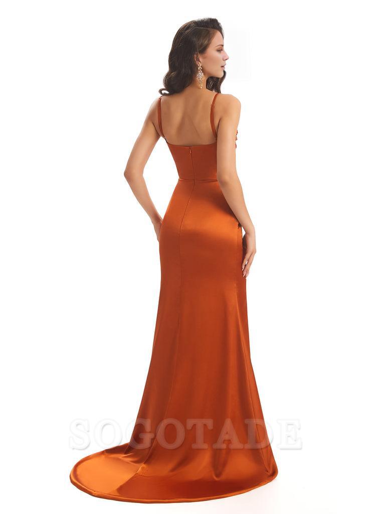 Sexy Mermaid Modern Bridesmaid Dresses Satin Spaghetti Straps with Side Slit Charming Evening Party Dress
