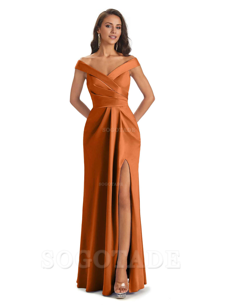 Sexy Soft Side Slit Off Shoulder V-Neck Long Satin Ladies Bridesmaid Dresses Elegant Evening Party Dress
