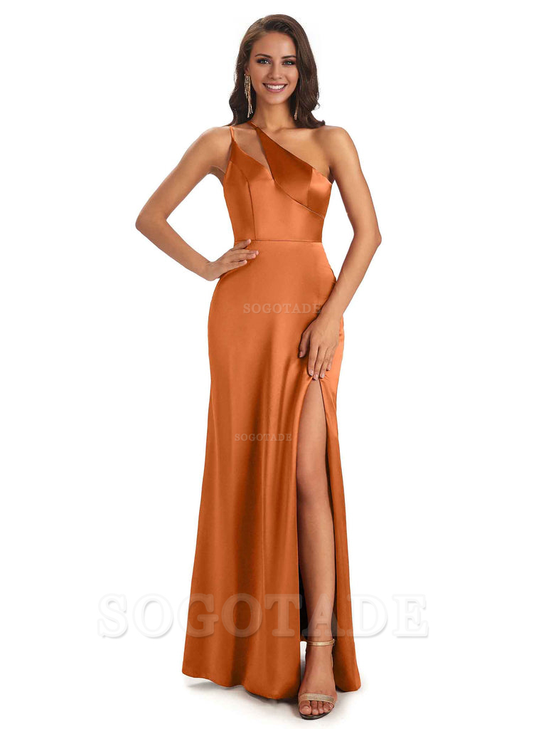 Sexy Soft Satin Side Slit One Shoulder Floor-Length Mermaid Long Bridesmaid Dresses Elegant Evening Party Dress