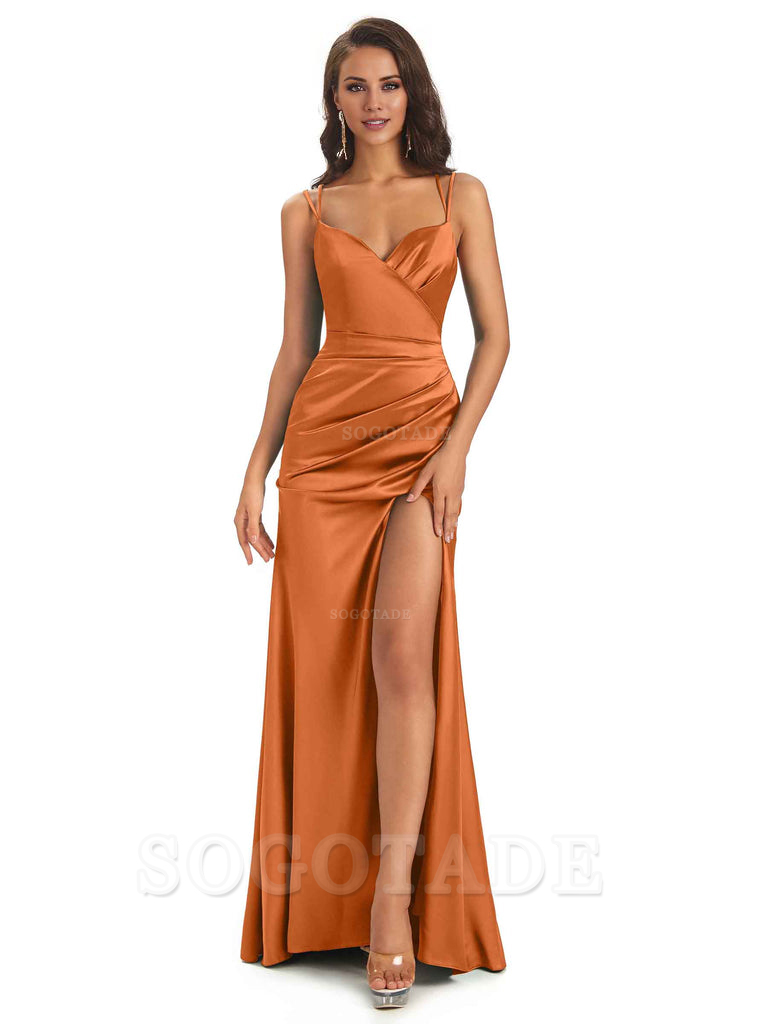 Sexy Soft Satin Side Slit Spaghetti Straps Long Maxi Mermaid Bridesmaid Dresses Elegant Evening Party Dress