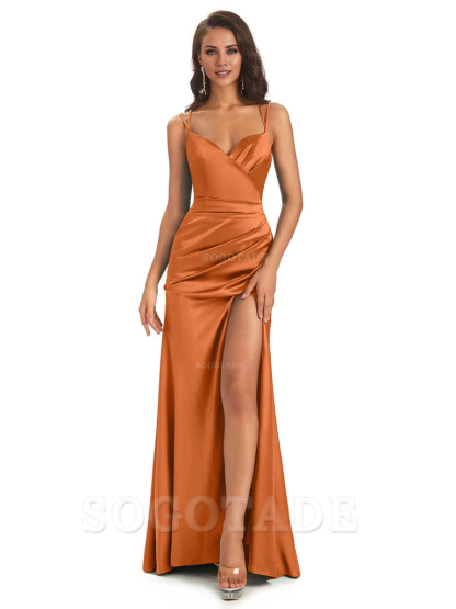 Sexy Soft Satin Side Slit Spaghetti Straps Long Maxi Mermaid Bridesmaid Dresses Elegant Evening Party Dress