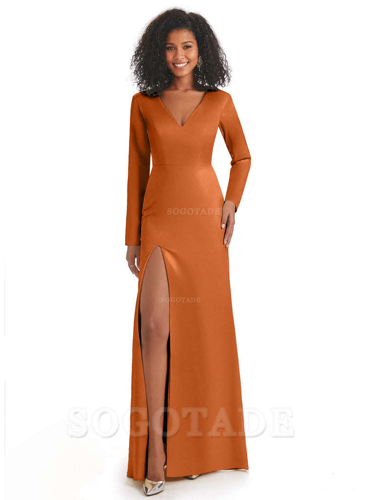 Soft Satin Side Slit Long Sleeves V-Neck Long African Mermaid Bridesmaid Dresses Elegant Evening Party Dress