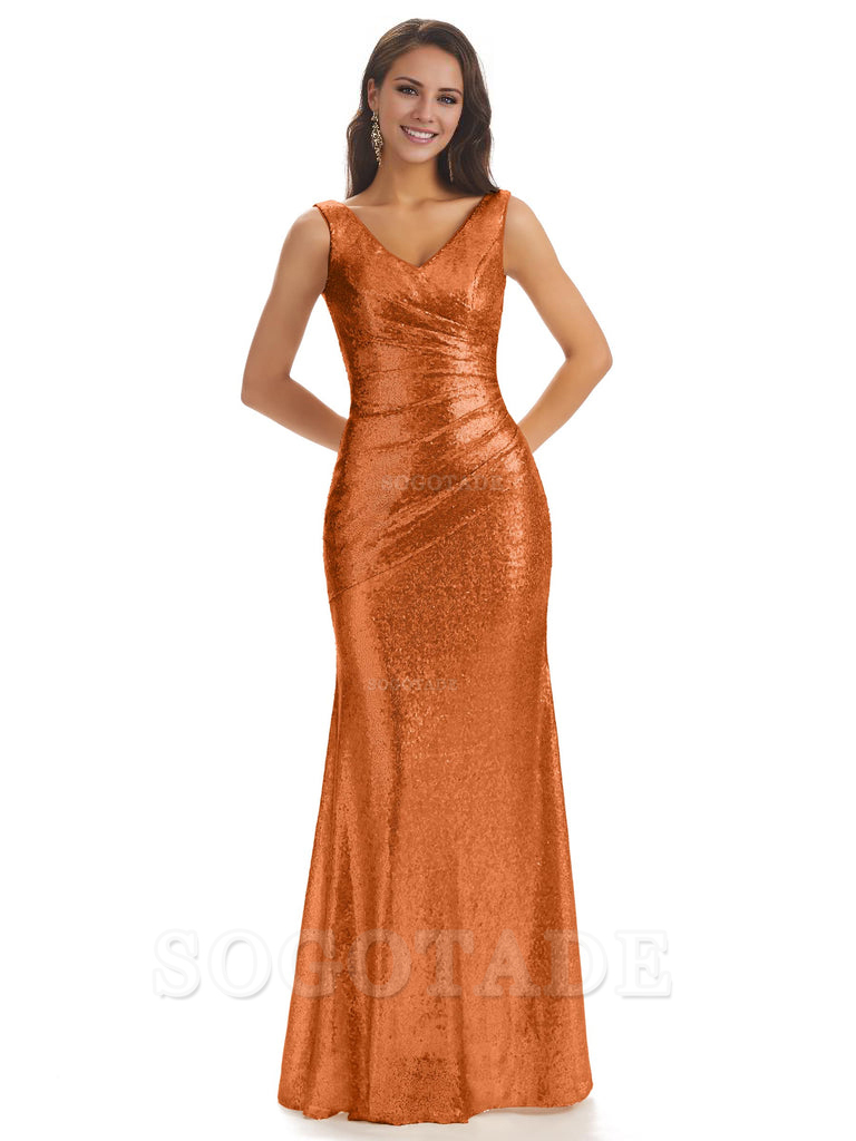 Sexy Sequin V-Neck Sparkly Long Mermaid Bridesmaid Dresses Charming Evening Party Dress