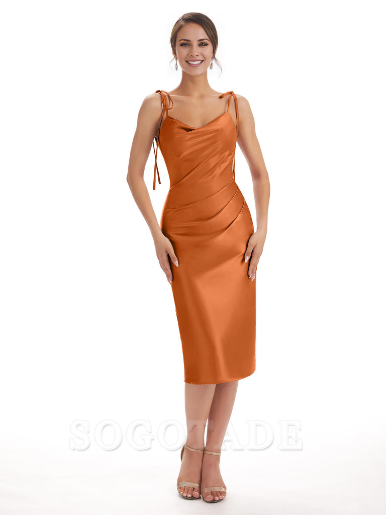 Tea Length Midi Short Bridesmaid Dresses Spaghetti Straps Satin Elegant Evening Party Dress