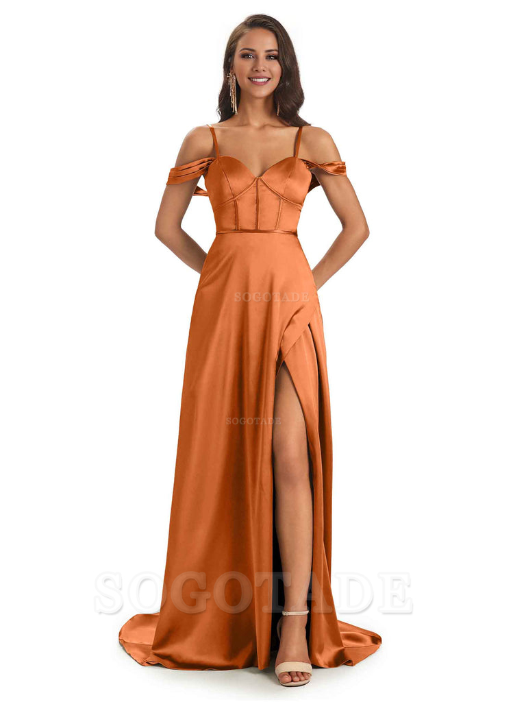 Stylish Soft Satin Side Slit Spaghetti Straps Bridesmaid Dresses Elegant Evening Party Dress