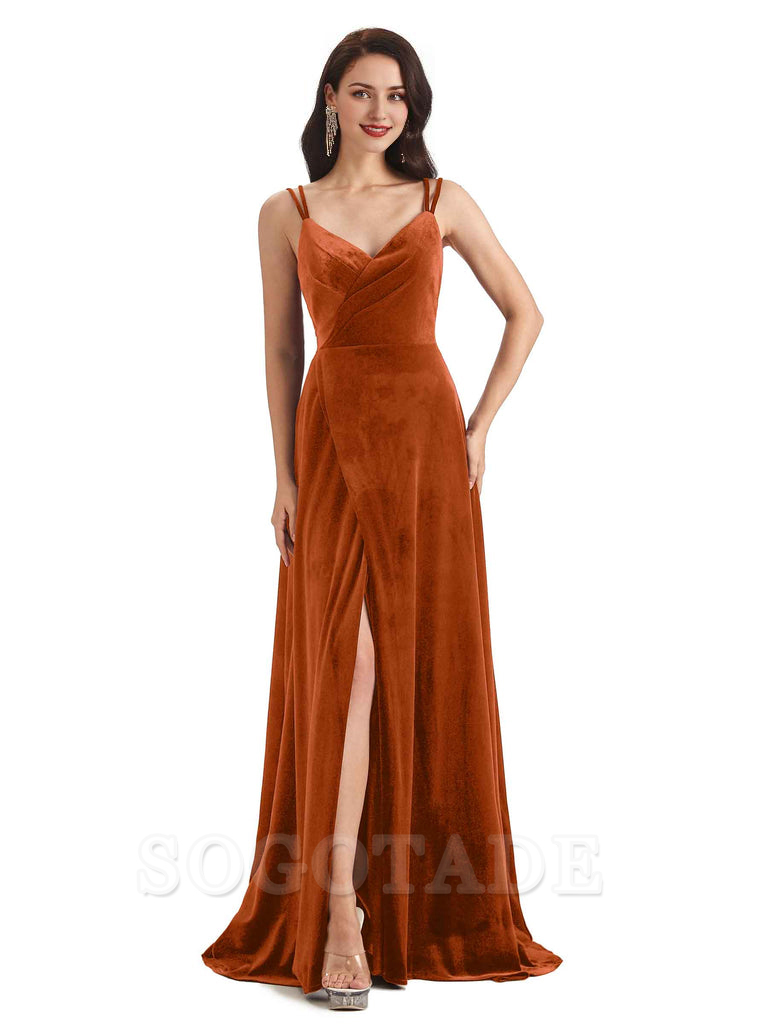 Sexy Velvet Long Bridesmaid Dresses Spaghetti Straps Open Back with Side Slit