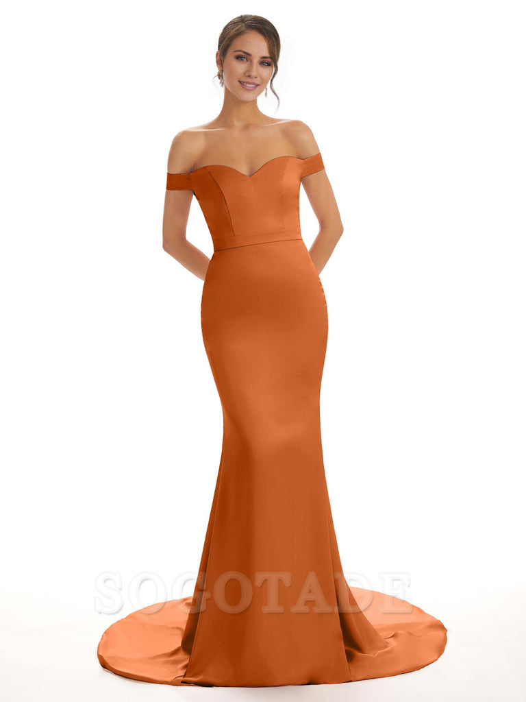 Elegant Off The Shoulder Satin Long Mermaid Bridesmaid Dresses