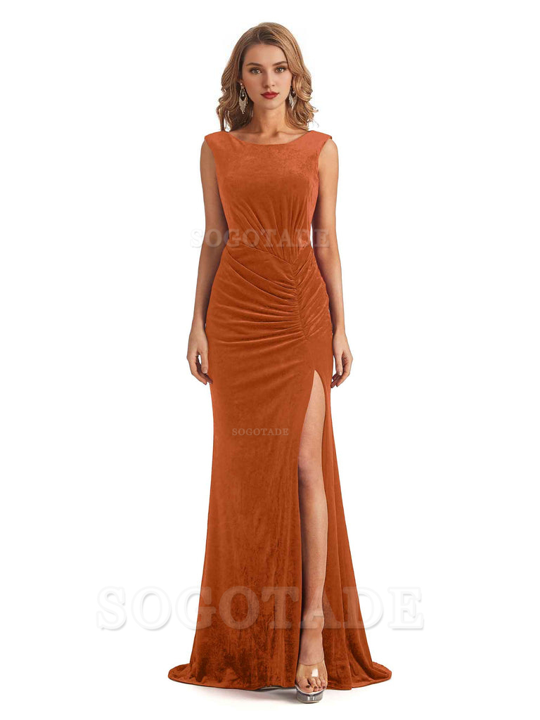 Sexy Open Back Mermaid Velvet Jewel High Split Maxi Long Bridesmaid Dresses Online