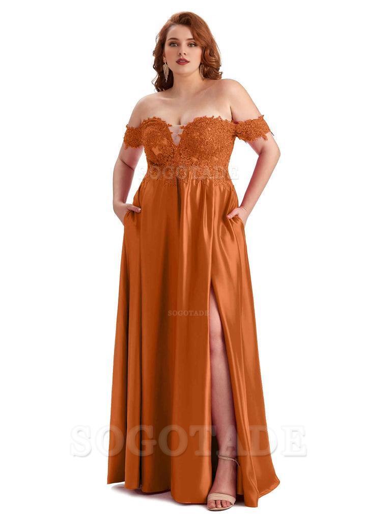 Off Shoulder Side Slit Lace Soft Satin Long Plus Size Bridesmaid Dresses For Wedding