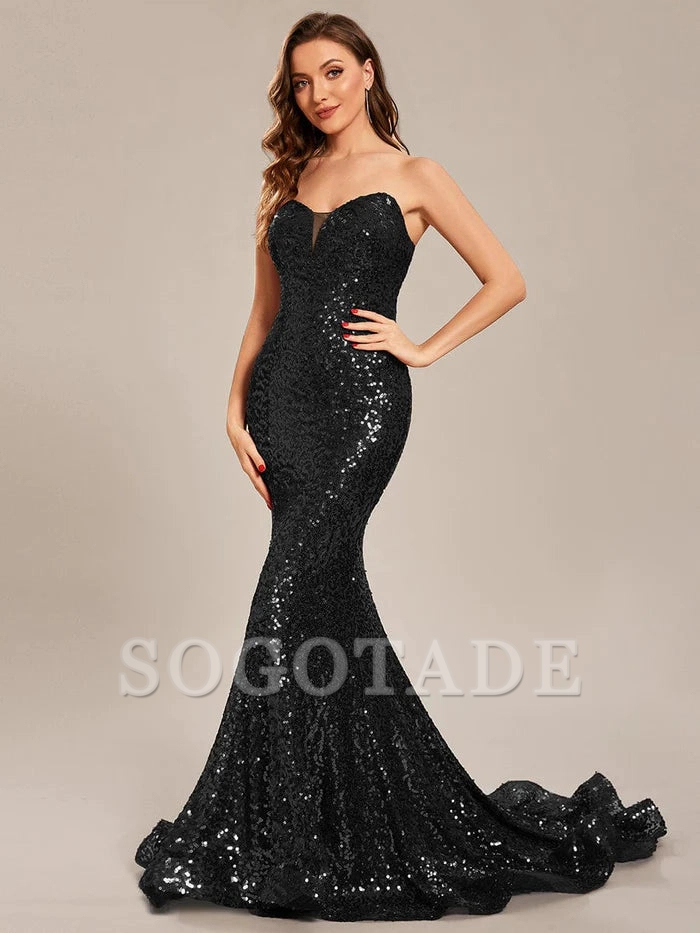 Custom Size Fashion Strapless Sweetheart Long Sequin Mermaid Prom Dress