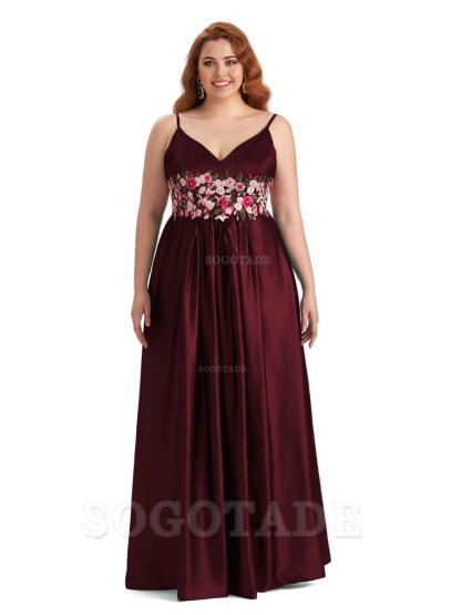Unique Lace Spaghetti Straps Sleeveless Soft Satin Long Plus Size Bridesmaid Dress For Wedding