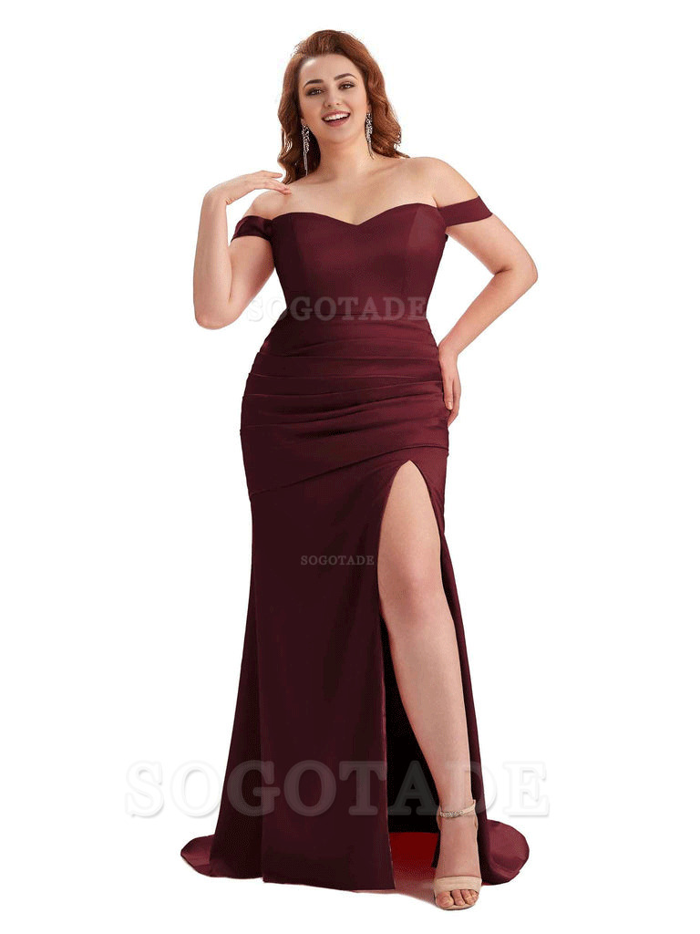 Sexy Mermaid Off The Shoulder Side Slit Soft Satin Long Plus Size Wedding Party Dresses