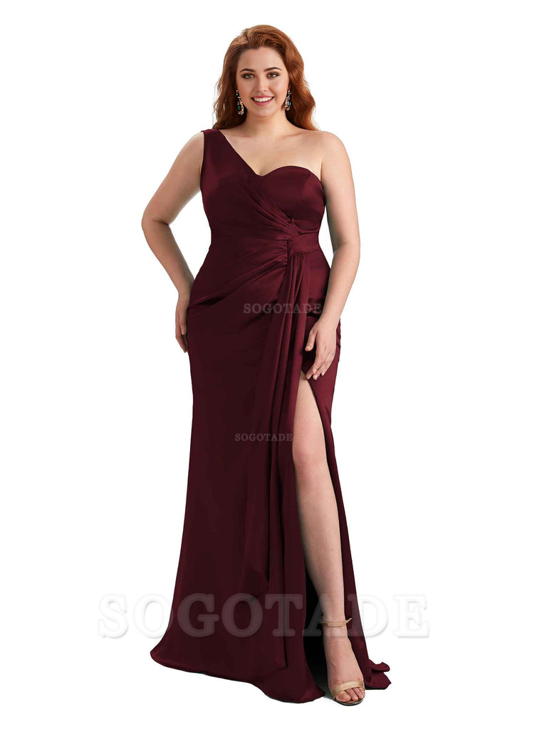  Sexy One Shoulder Side Hight Slit Mermaid Satin Floor Length Long Plus Size Bridesmaid Dress For Wedding