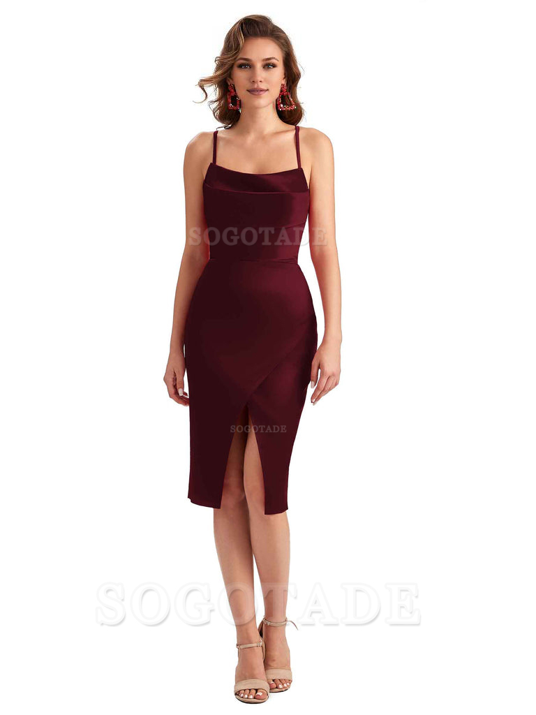 Elegant Spaghetti Straps Mermaid Soft Satin Knee Length Short Bridesmaid Dresses
