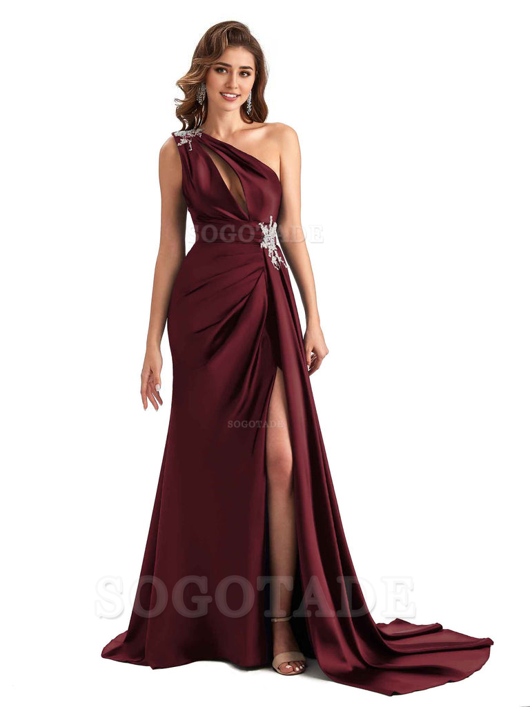 Sexy Side Slit Mermaid Soft Satin One Shoulder Lace Long Modern Bridesmaid Dresses