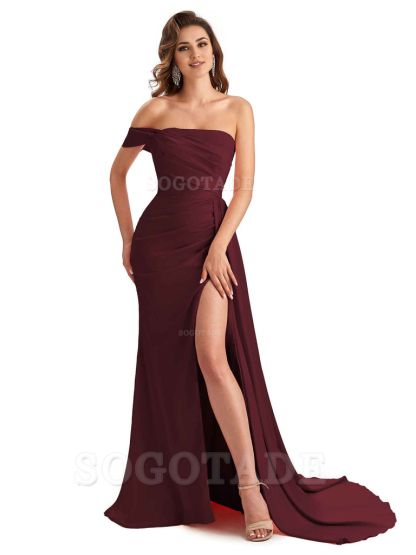 Sexy One Shoulder Side Slit Mermaid Soft Satin Long Women Bridesmaid Dresses Online
