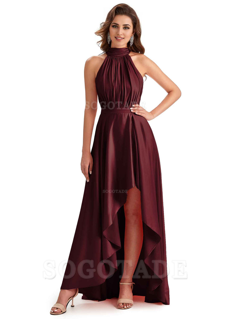 Soft Satin High Neck High Low A-Line Unique Bridesmaid Dresses Online