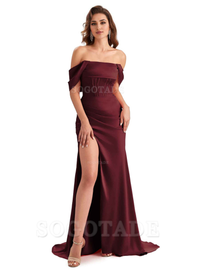 Sexy Side Slit Mermaid Soft Satin Off The Shoulder Unique Long Wedding Attendee Dresses