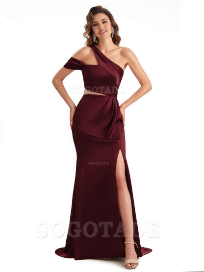 Sexy Side Slit Mermaid Soft Satin One Shoulder Long Unique Bridesmaid Dresses