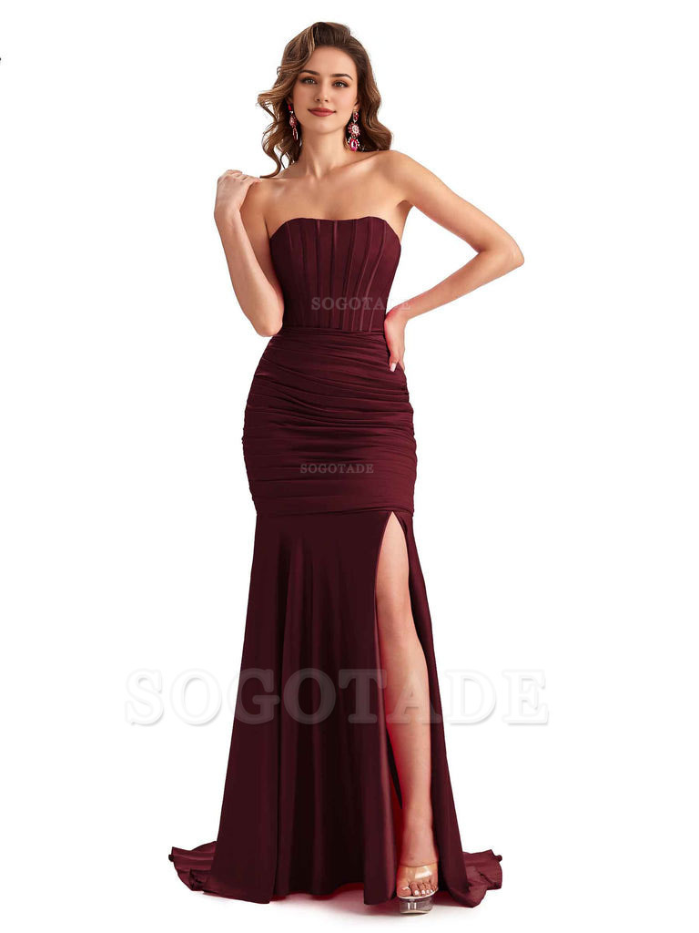 Sexy Strapless Side Slit Mermaid Silky Satin Formal Bridesmaid Dresses