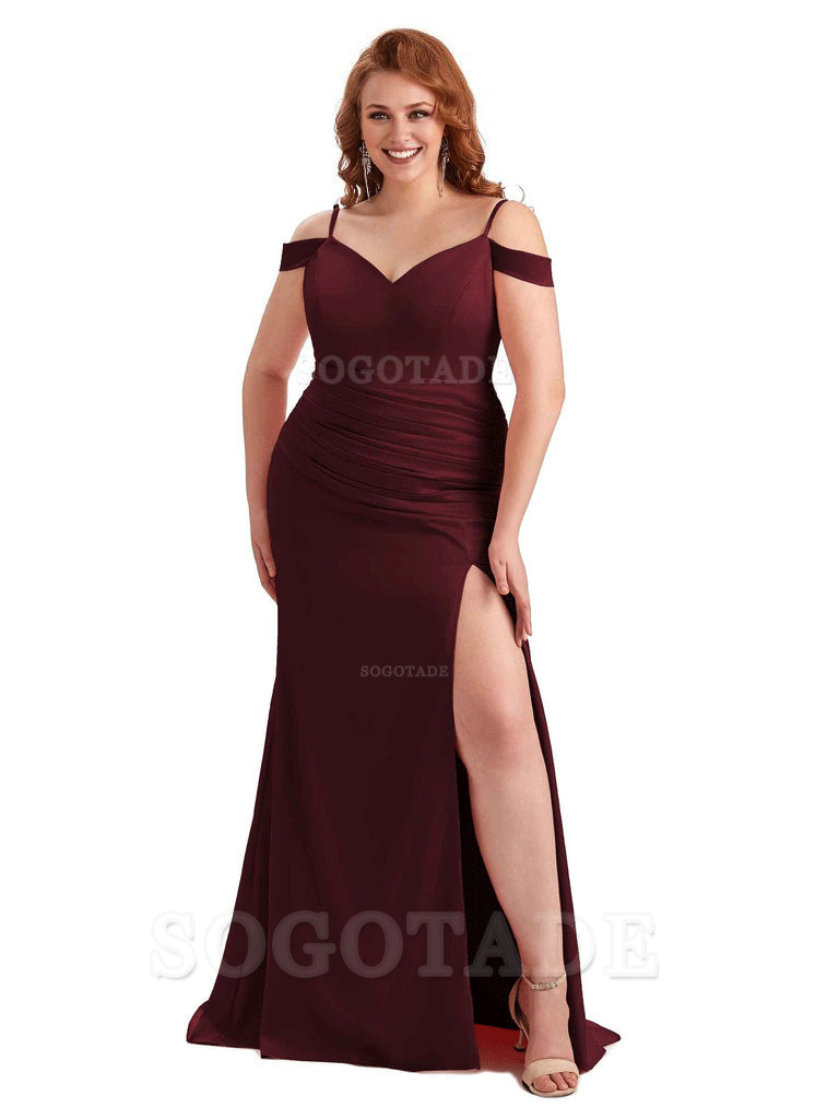 Sexy Side Slit Mermaid Cold Shoulder Soft Satin Long Plus Size Bridesmaid Dresses Online
