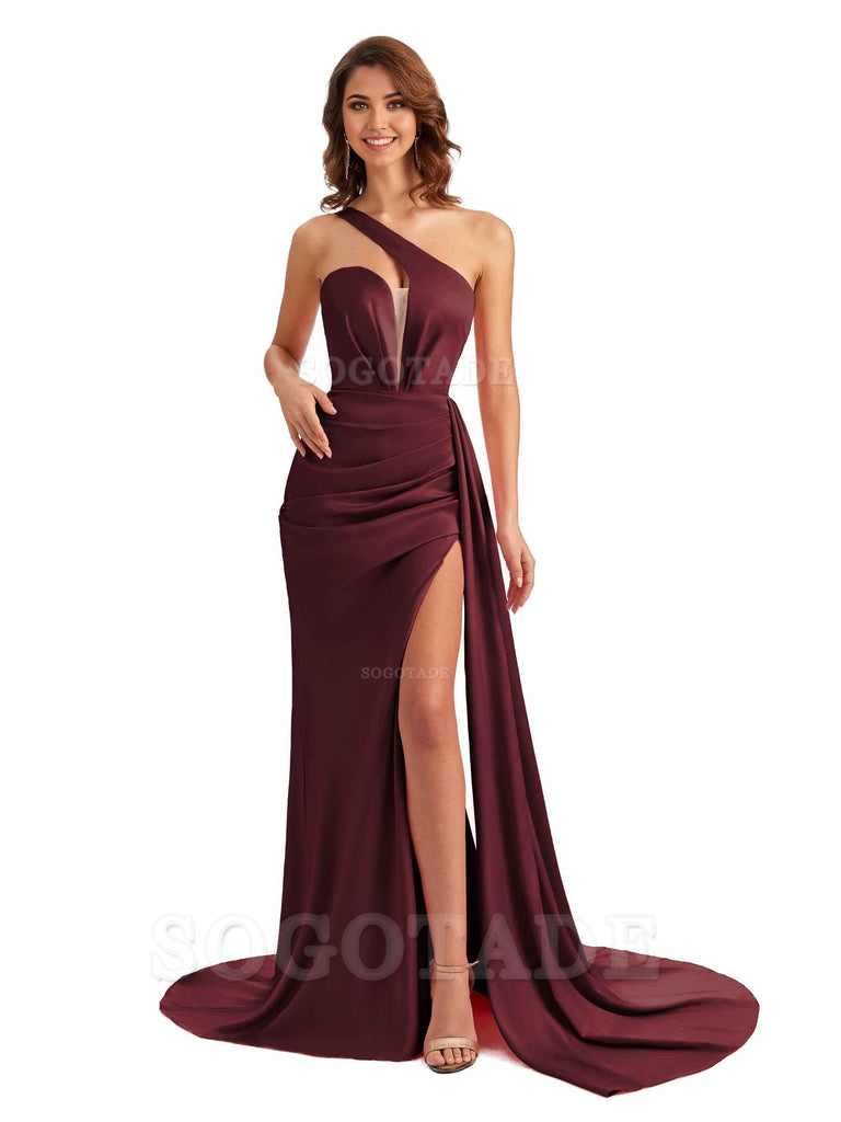 Mermaid One Shoulder Satin formal dresses evening gown Bridesmaid Dresses With Side Slit