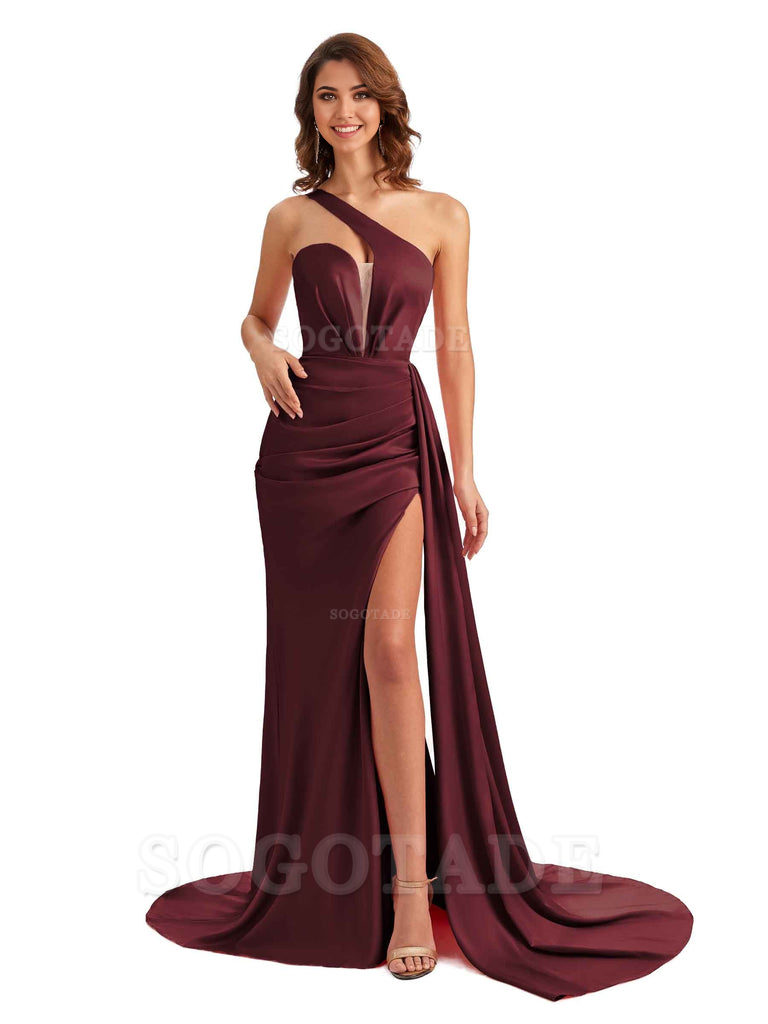 Mermaid One Shoulder Satin formal dresses evening gown Bridesmaid Dresses With Side Slit