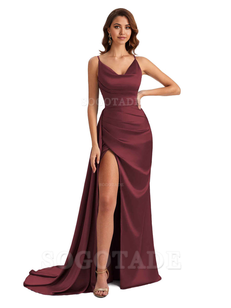 Mermaid Cowl Spaghetti Satin formal dresses evening gown Bridesmaid Dresses With Side Slit