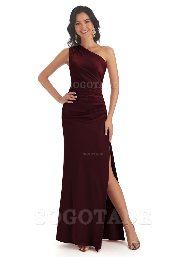 Mermaid One Shoulder Satin formal dresses evening gown Bridesmaid Dresses With Side Slit 