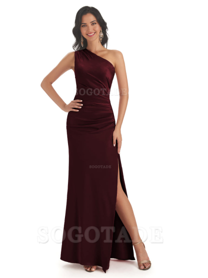 Mermaid One Shoulder Satin formal dresses evening gown Bridesmaid Dresses With Side Slit 