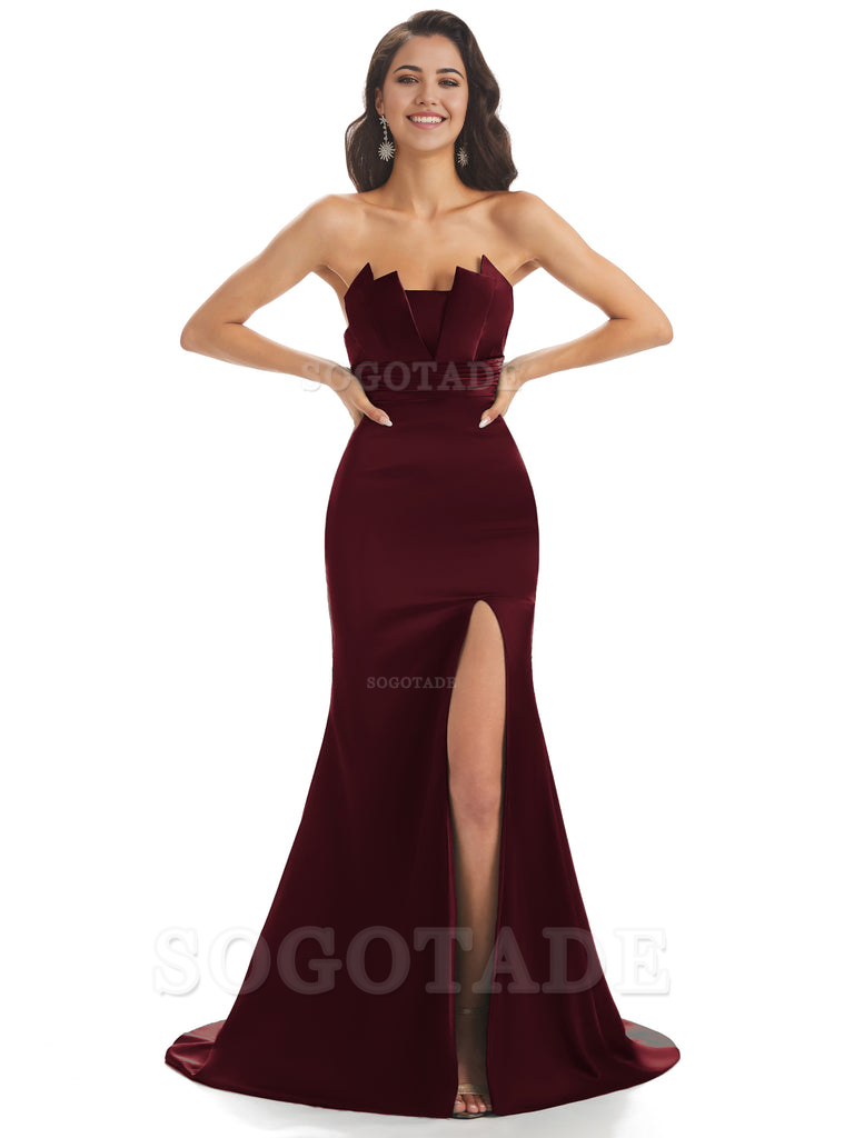 Mermaid sleeveless Satin formal dresses evening gown Bridesmaid Dresses With Side Slit 