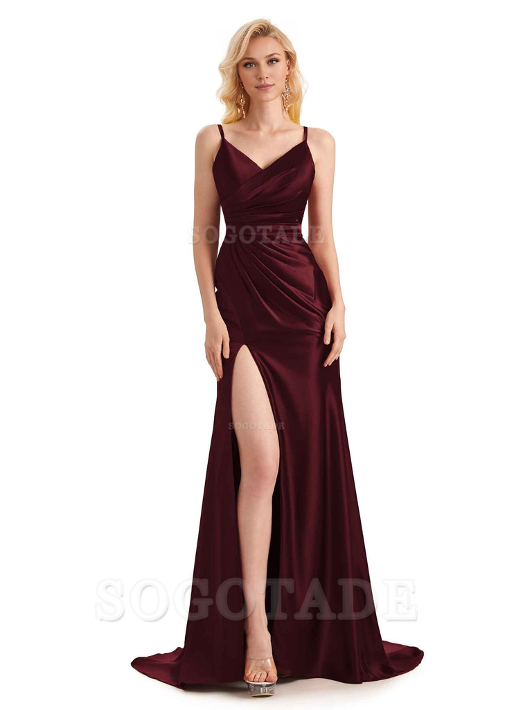 Sexy Charming Side Slit V-Neck Pleated Spaghetti Straps Backless Satin Bridesmaid Dresses Formal Women's Dresses Wedding Guests Dresses