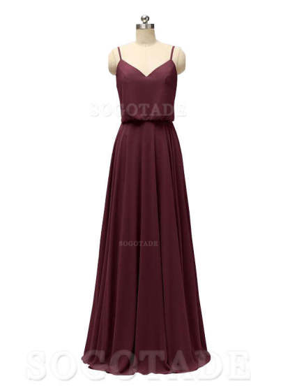 Elegant Simple V Neck Spaghetti Strap Chiffon Floor Length Modern Bridesmaid Dresses Formal Women's Dresses Wedding Guests Dresses