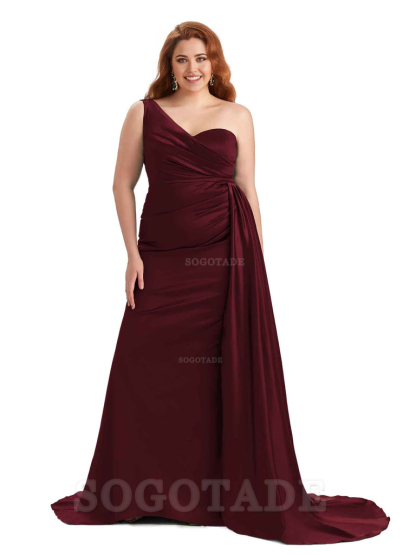Sexy One Shoulder Sleeveless Mermaid Soft Satin Long Plus Size With Train Bridesmaid Gowns