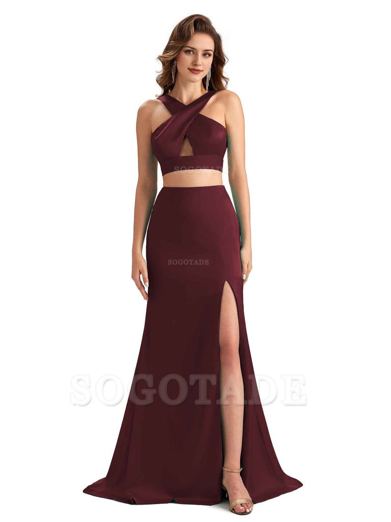Sexy Side Slit Mermaid Silky Satin Halter Two Pieces Unique Long Bridesmaid Dresses