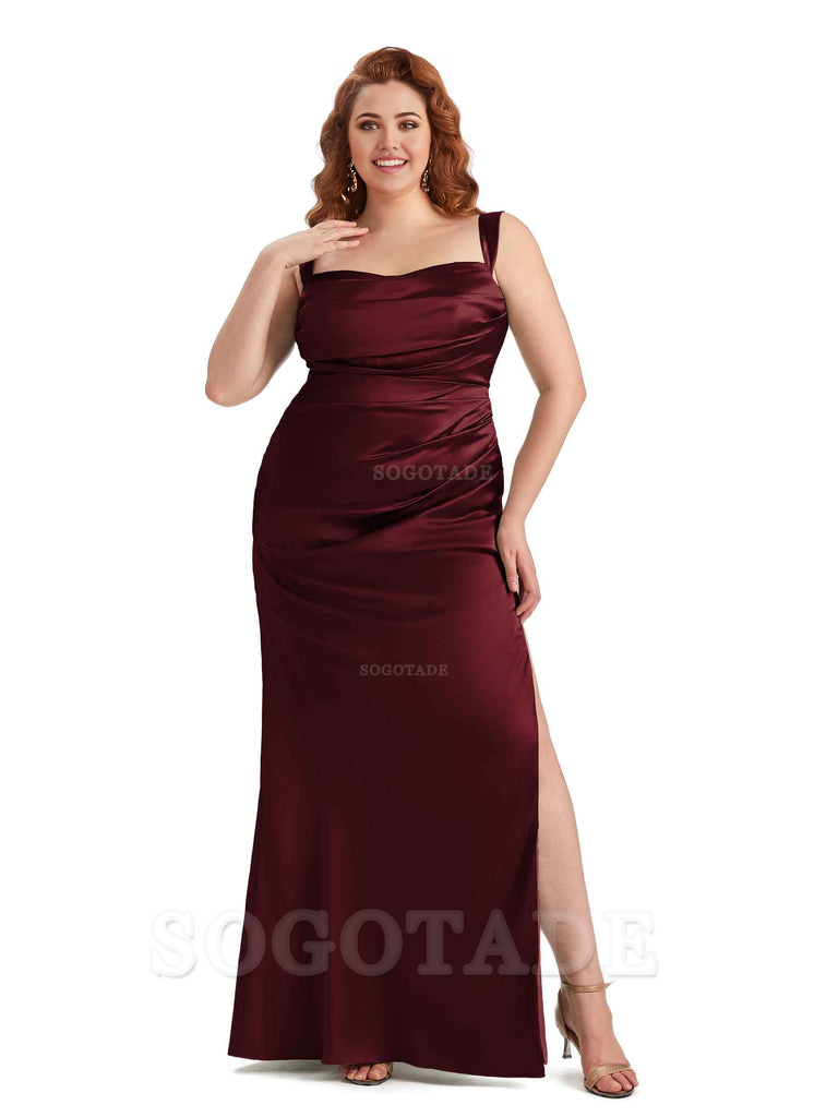 Sexy Side Slit Mermaid Wide Straps Soft Satin Long Plus Size Maid of Bridesmaid Dresses