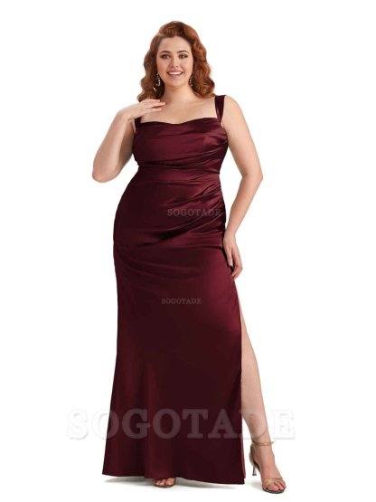 Sexy Side Slit Mermaid Wide Straps Soft Satin Long Plus Size Maid of Bridesmaid Dresses