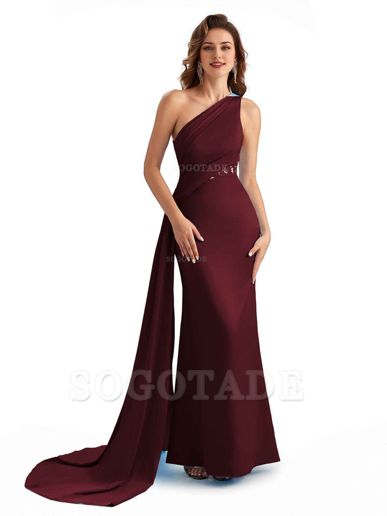 Sexy Mermaid Silky Satin One Shoulder Lace See Through Long Bridesmaid Dresses Online