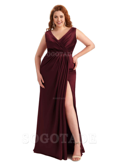 Mermaid V-Neck Satin formal dresses evening gown Bridesmaid Dresses With Side Slit 