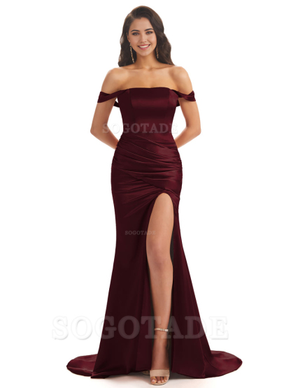 Mermaid Off Shoulder Floor-Length Satin formal dresses evening gown Bridesmaid Dresses With Side Slit 