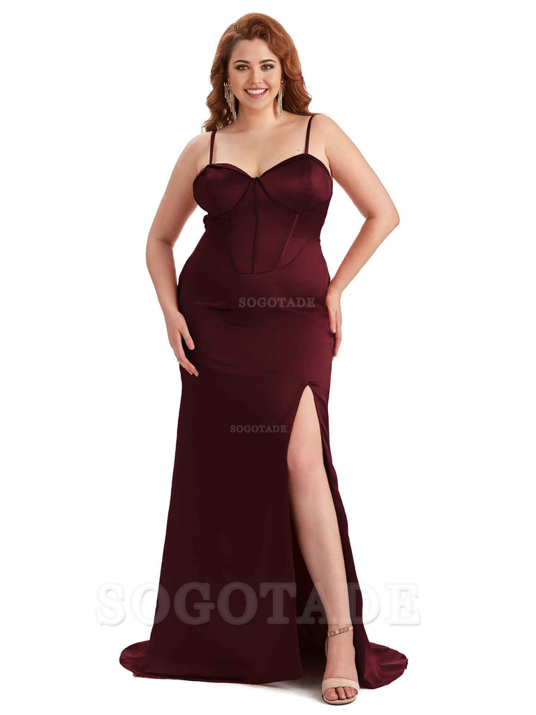 Sexy Spaghetti Straps Side Slit Sleeveless Mermaid Soft Satin Long Bridesmaid Dress Plus Size Dress To Wear to a Wedding