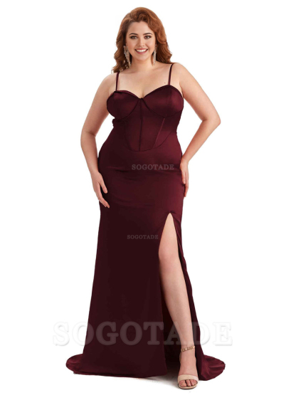 Sexy Spaghetti Straps Side Slit Sleeveless Mermaid Soft Satin Long Bridesmaid Dress Plus Size Dress To Wear to a Wedding