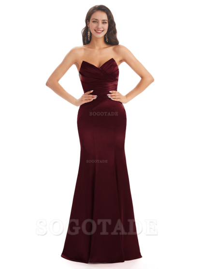 Simple Strapless Sweetheart Soft Satin Mermaid Long Bridesmaid Dresses prom shop dresses