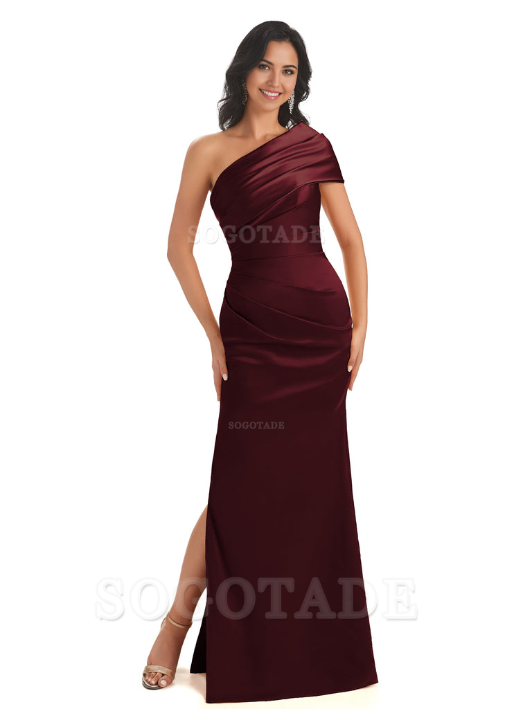 Mermaid One Shoulder Satin Long formal dresses evening gown Bridesmaid Dresses With Side Slit 