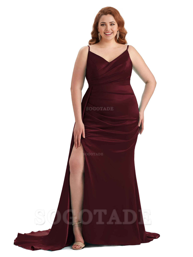 Sexy Side Slit Mermaid Spaghetti Straps V Neck Soft Satin Long Plus Size Maid of Honor Dresses 