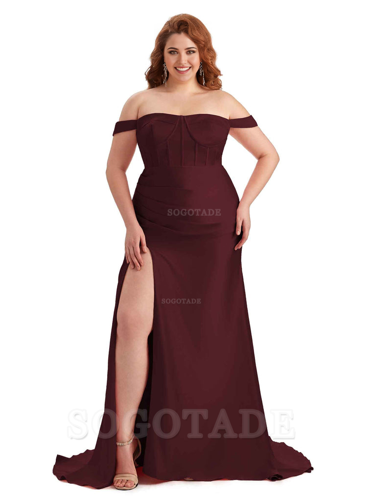 Elegant Off The Shoulder Side Slit Mermaid Soft Satin Floor Length Long Plus Size Bridesmaid Gowns
