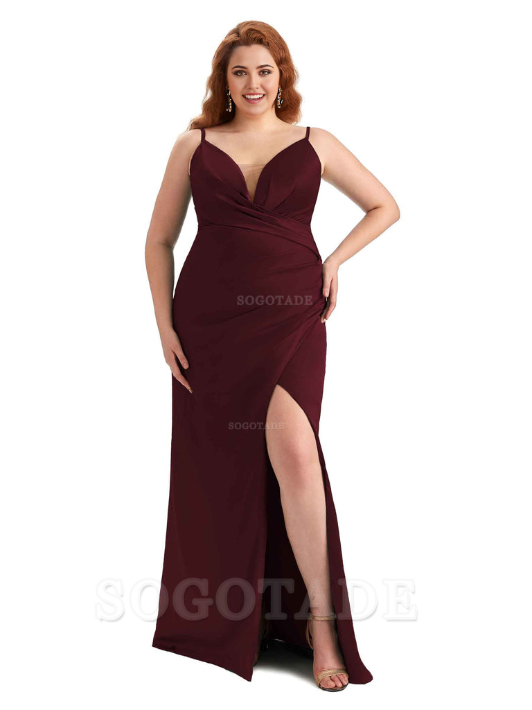 Sexy Side Slit Spaghetti Straps Sleeveless Mermaid V-neck Soft Satin Long Plus Size Bridesmaid Dress For Wedding